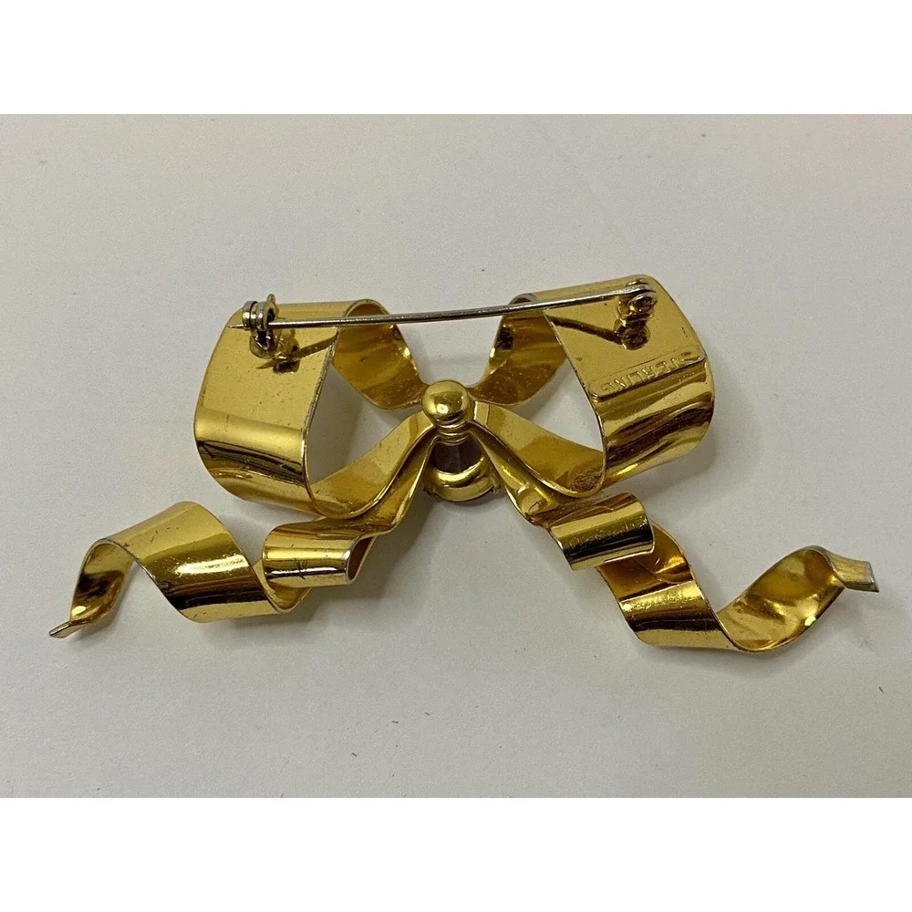 Gold Tone Sterling Marked Bow Ribbon With‎ Purple Stone Brooch Pin Estate Find